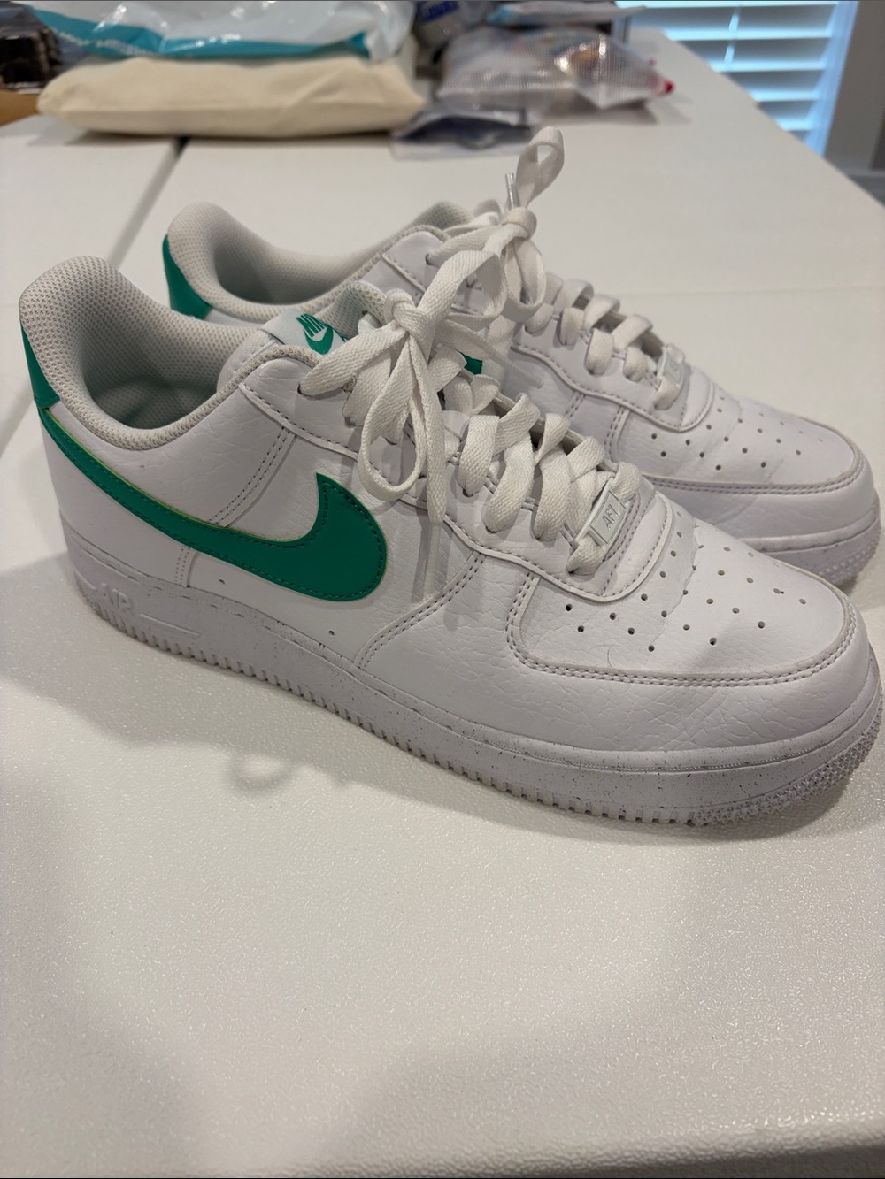 Nike AF1 White Leather Sneakers with Green Swoosh